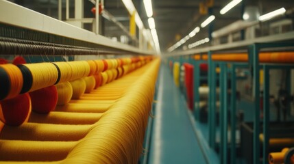 Rows of colorful spools of thread in a textile factory, displayed on an industrial background