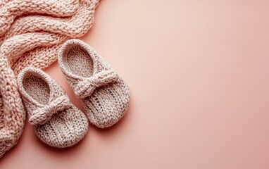 Fototapeta premium Cozy knitted slippers placed on a pastel peach background