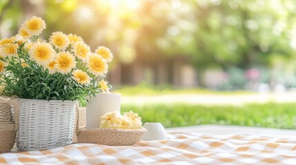 Sunny Picnic Scene with Yellow Flowers in Basket