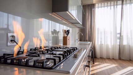 Flames are emerging from an electrical outlet in a contemporary kitchen illuminated by natural light