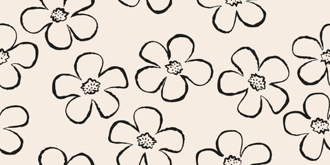 Hand drawn flower petals seamless pattern, organic floral doodle with black and white color for fabric, textiles, clothing, wallpaper, cover, banner, decor, background.