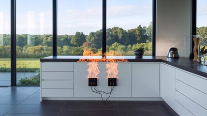 Flames are emerging from an electrical outlet in a contemporary kitchen illuminated by natural light