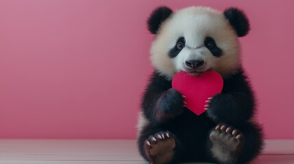 A baby panda sits against a pink background, holding a red heart-shaped card in its paws