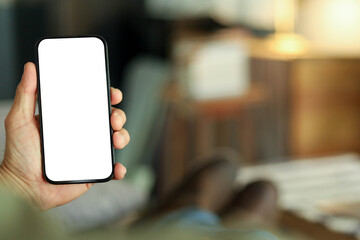 Mobile phone blank white screen mockup.texting using cell phone.background empty space for advertise.work people contact marketing business,technology