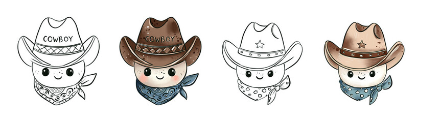 Cute Cowboy Character Illustration in Black and White and Color with Hat and Bandana