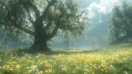 Fototapeta premium Enchanted Meadow Landscape with Ancient Tree and Misty Mountains