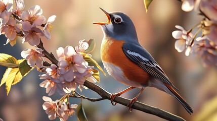 Fototapeta premium Robin perched on a blooming branch, singing in the golden light of spring morning