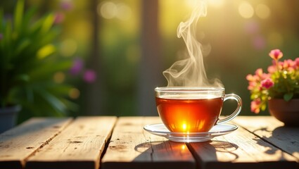 A delicate, transparent glass of steaming hot tea, sits on a weathered wooden table in a serene backyard setting, surrounded by lush greenery and vibrant sunlight