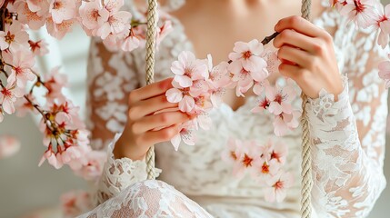 Beautiful woman in a floral setting enjoying the tranquility of spring on a swing