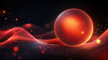 Red Sphere on Abstract Background with Twinkling Lights and Waves