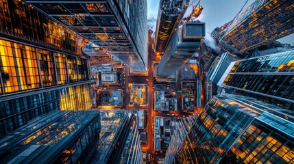Fototapeta premium A stunning view of a contemporary cityscape captured from above. The intricate patterns of buildings create a unique urban landscape. A mix of colors and shapes unite. Generative AI