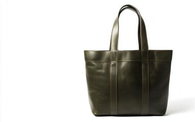 Naklejka premium Classic leather tote in a deep olive shade placed on a clean white background