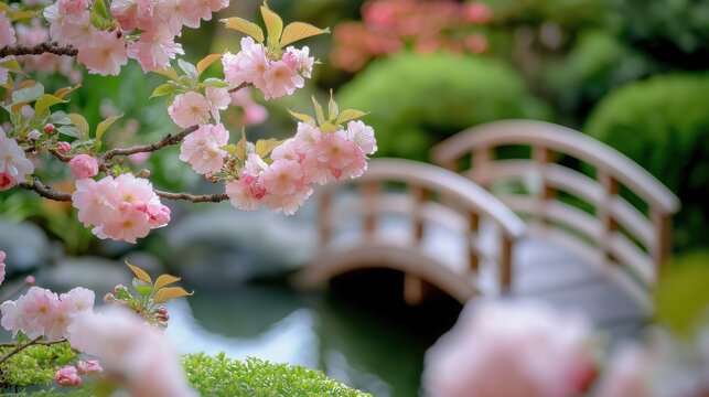 Traditional Japanese garden with cherry blossoms in springtime near a wooden bridge