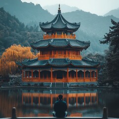 Obraz premium Serene pagoda reflection in tranquil waters amidst mountains and autumn foliage.