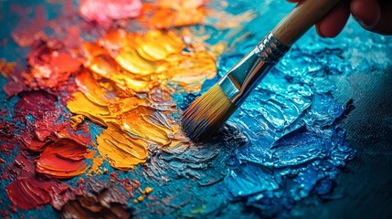 Obraz premium Vibrant Impasto Painting: A Close-up of a Paintbrush Applying Thick, Textured Colors onto an Artist's Palette