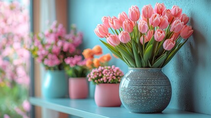 Bright pink tulips in a rustic ceramic vase