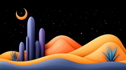 Abstract desert landscape with stylized cacti, rolling hills, and night sky with crescent moon