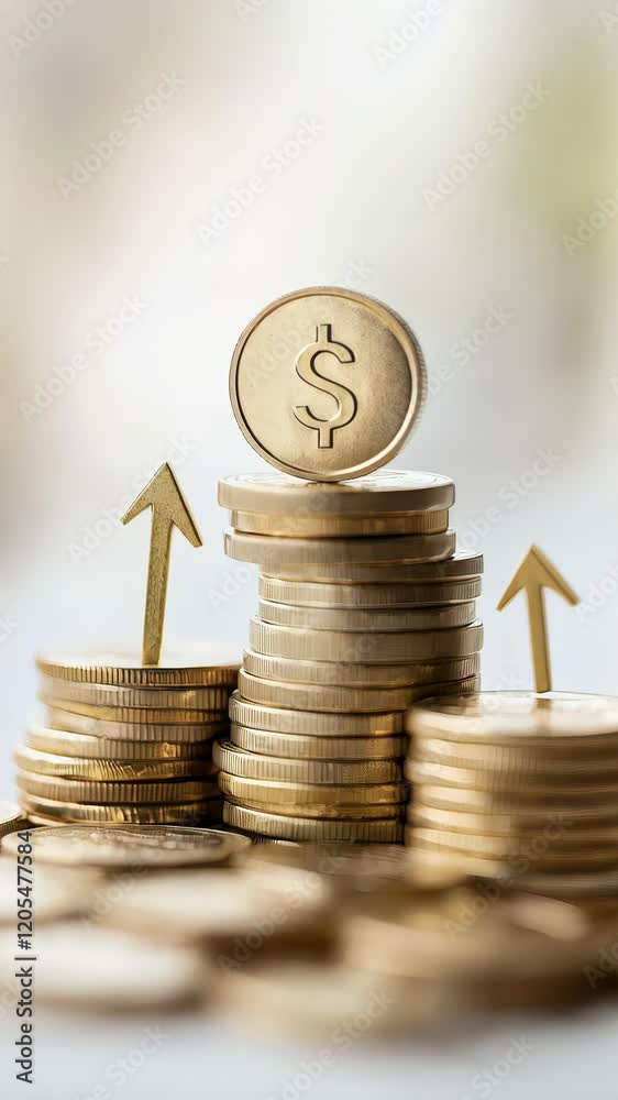 Poster stacks of gold coins topped with a dollar coin and upward arrows represent successful financial inve