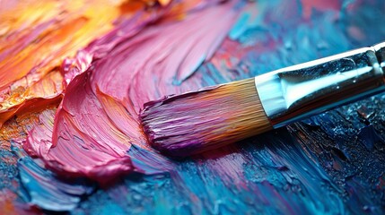 Obraz premium Vibrant Oil Paints and Paintbrush on an Artist's Palette: A Close-up View of Impasto Texture and Artistic Expression