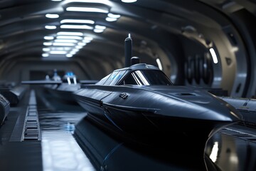 High-tech submarines docked in a futuristic underwater facility at night