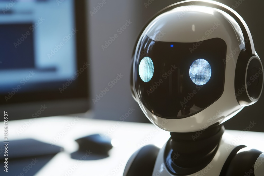 Poster robot assistant interacts with user in a modern tech workspace environment