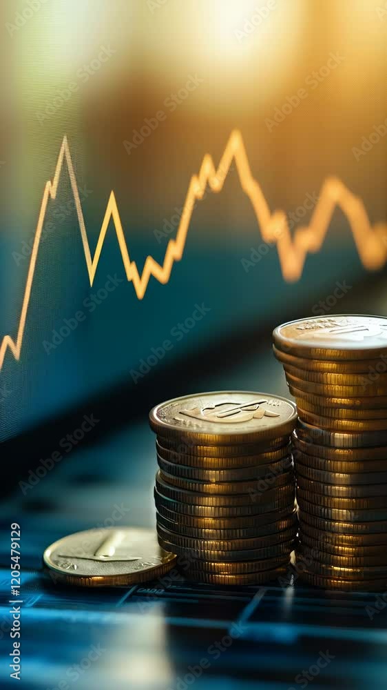 Poster stacks of coins arranged on financial charts illustrate investment growth while highlighting the dyn