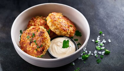 Crispy crab cakes served with cream sauce