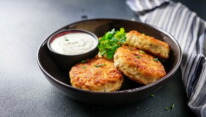 Crispy crab cakes served with cream sauce