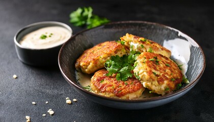 Fototapeta premium Crispy crab cakes served with cream sauce