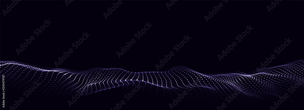 Poster Abstract technology wave of particles. Big data visualization. Vector dark background with motion dots and lines. Artificial intelligence.