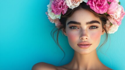 Naklejka premium Close-up of a model with a floral crown, featuring pink and white flowers against a turquoise background