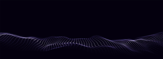 Abstract technology wave of particles. Big data visualization. Vector dark background with motion dots and lines. Artificial intelligence.