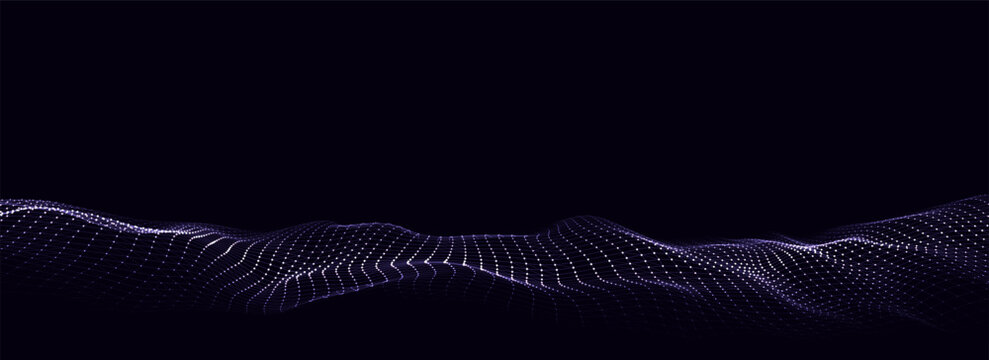 Abstract technology wave of particles. Big data visualization. Vector dark background with motion dots and lines. Artificial intelligence.