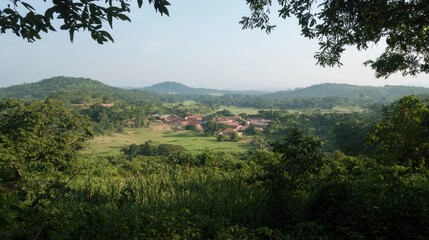Hilltop Village Panorama Lush valley, tranquil morning, rural houses, travel brochure