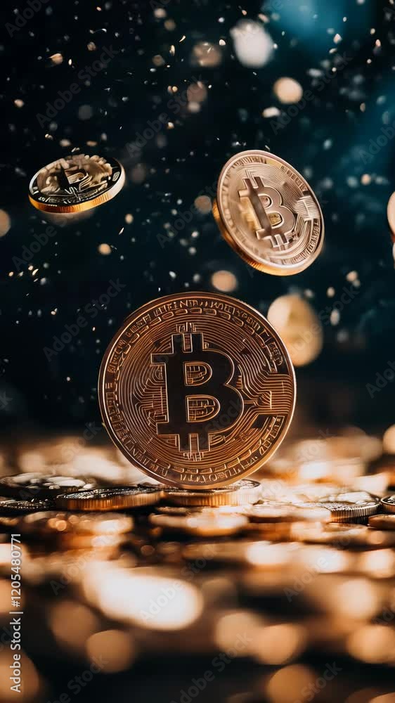 Poster Gold bitcoin and other cryptocurrency coins are falling on a pile of coins with sparkling bokeh effect, representing investment, finance, and new digital money