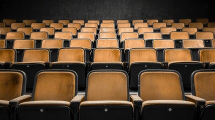 Fototapeta premium Empty Theater Seats Arranged in Rows with Warm Brown Cushions and Black Frames in a Darkened Interior Space