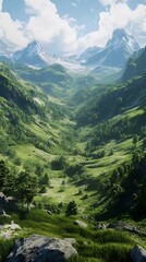 Obraz premium A serene valley landscape featuring mountains and lush greenery.