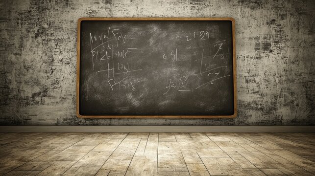 Vintage Chalkboard with Mathematical Equations on Textured Wall and Floor in Classroom or Study Interior Setting
