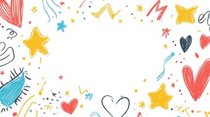 Colorful hand-drawn doodle border with hearts and stars on white background