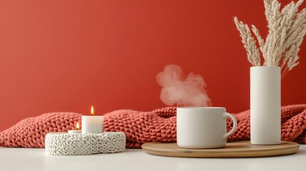 Cozy Autumn Scene, Hot Drink, Candles, Knit Blanket