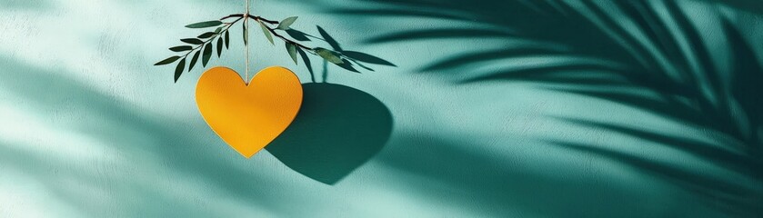 Vibrant Yellow Heart Hanging with Natural Shadows on a Teal Background