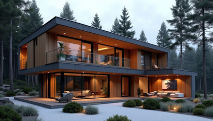 Modern Forest House with Warm Wood Accents Creating Harmony with Nature. AI Generation
