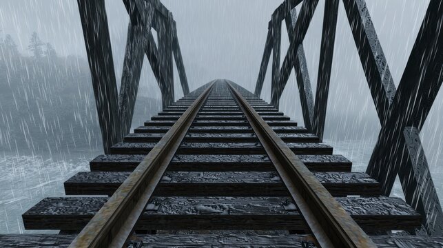 Dramatic Perspective of Vintage Railway Bridge in Stormy Weather with Rainfall, Gray Sky and Rustic Wooden Structure