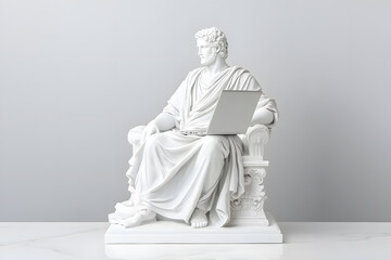 Realistic classic gypsum statue of man using a laptop for IT isolated on white background