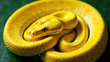 Obraz premium Close-up soft focus yellow snake with blue eyes on a green leaf