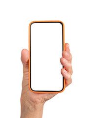 Elderly caucasian woman's hand holding a smartphone with a blank screen and orange case, upright display, wrinkled skin, promoting applications or technology. Isolated on white background.