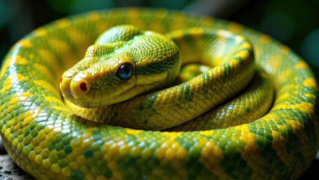 Close-up yellow and green snake with blue eyes 