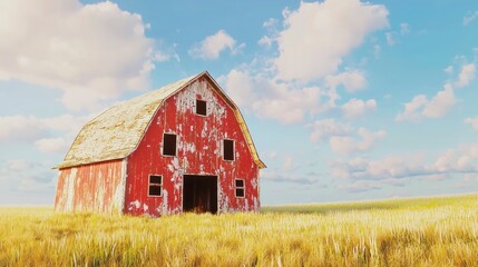 Obraz premium Rustic Red Barn in Golden Field Under Blue Sky with Fluffy Clouds and Warm Sunlight