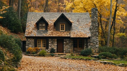 Cozy Stone Cottage Surrounded by Vibrant Autumn Leaves in a Scenic Forest Setting