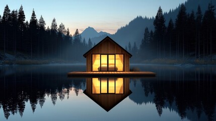Fototapeta premium Tranquil Lakeside Cabin at Dawn with Reflections Surrounded by Majestic Pine Trees